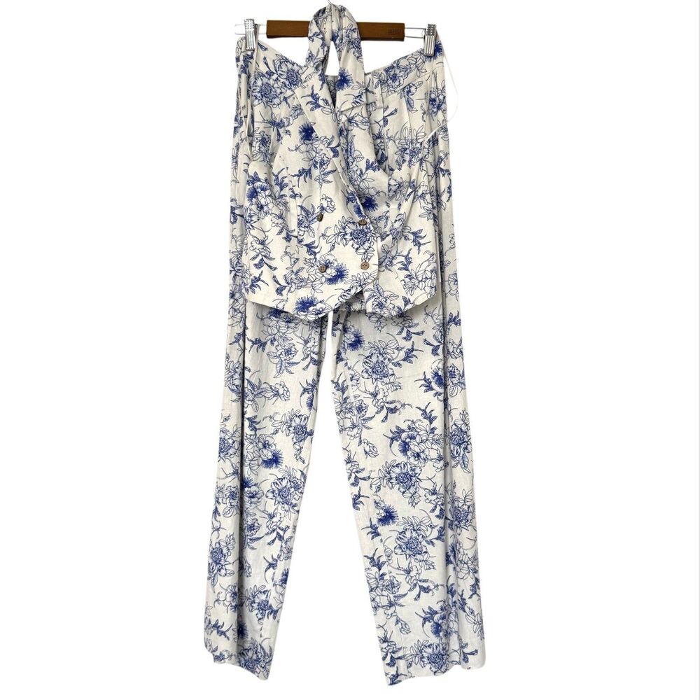 Jason Wu 2‎ Piece Linen Set Women's 2 White Blue Floral Cropped Halter Top Pants